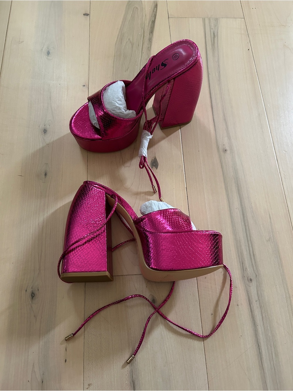 Metallic Pink Tie Ankle Chunky Platform Sandals Size 6